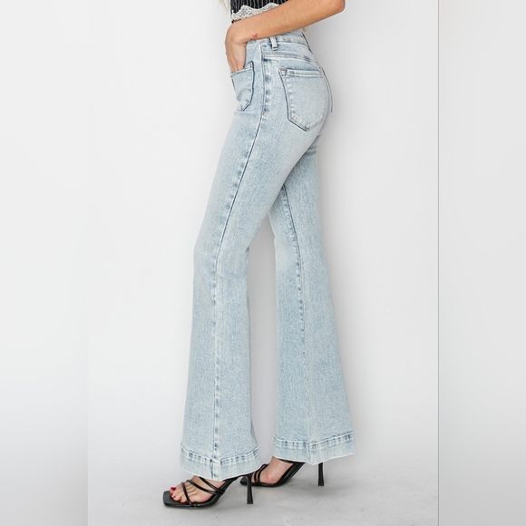 RISEN High-Rise Waist Slim Jeans Flare Hem Retro 90s Patch Pocket Denim Pants - Picture 7 of 16